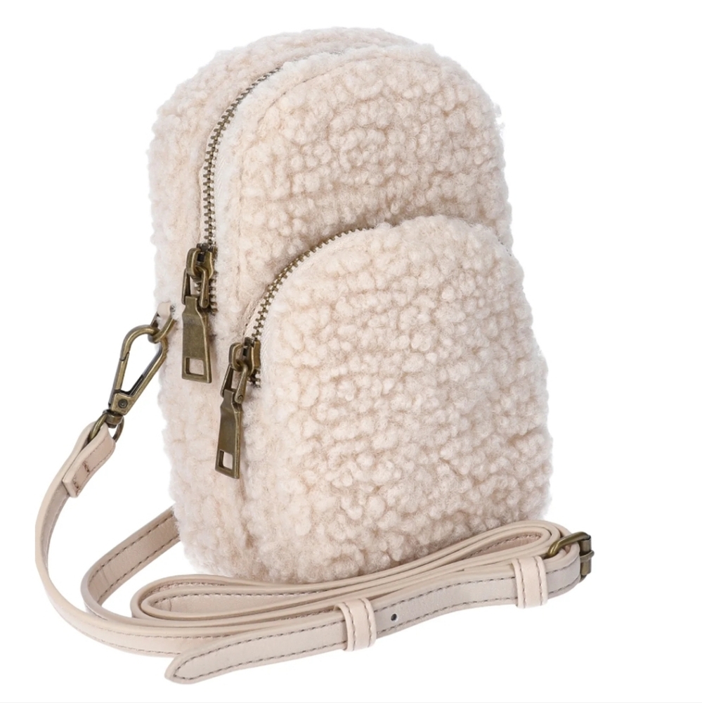 Brown Crossbody Bag with Cream Sherpa Pouch And Bom Bom Keychain Set Of 3 - Picture 1 of 17